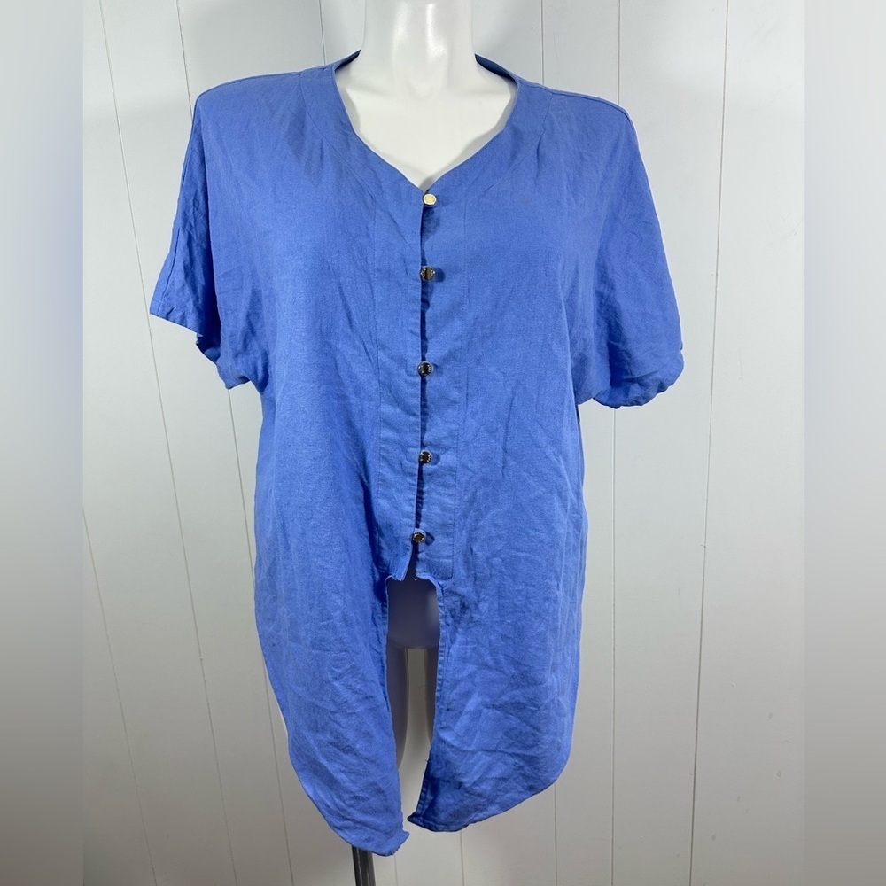 Anne Klein Sz L Women’s Linen Blend Short Sleeve Front Tie Blue Top Boho Resort - Picture 4 of 13